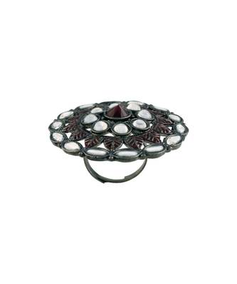 Silver Oxidized Kundan Studded Meena Work Designer Adjustable Finger Ring for Women  5