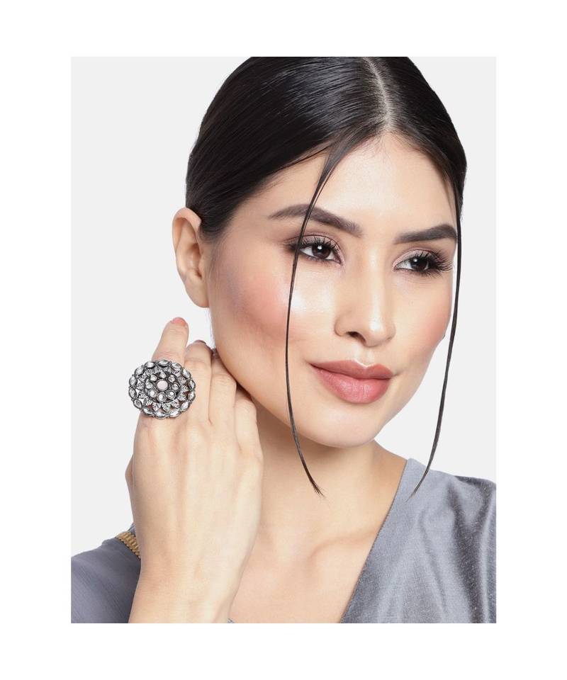 Silver Oxidized Kundan Studded Meena Work Designer Adjustable Finger Ring for Women 