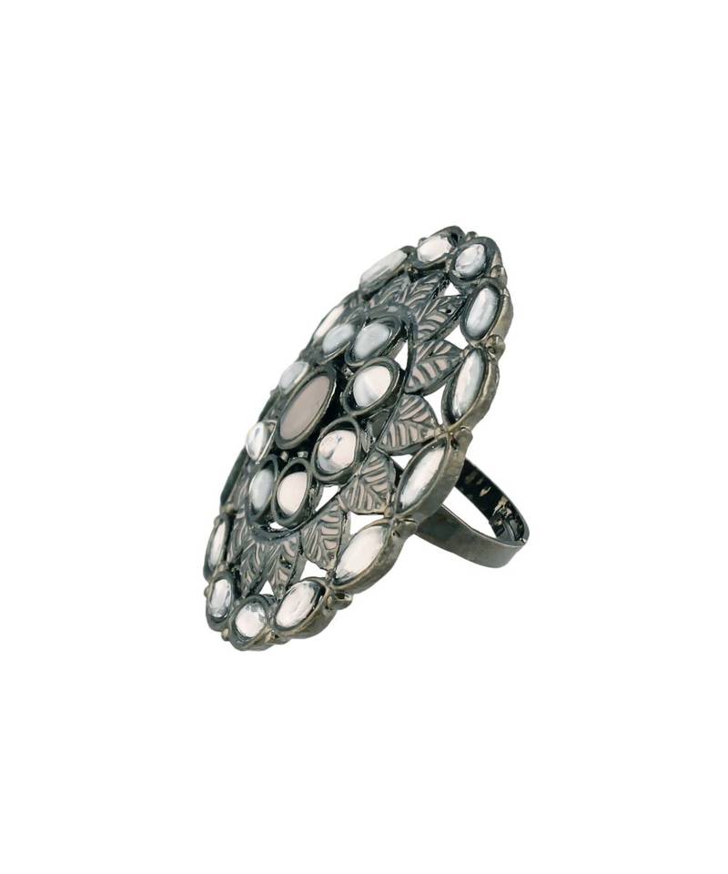 Silver Oxidized Kundan Studded Meena Work Designer Adjustable Finger Ring for Women 