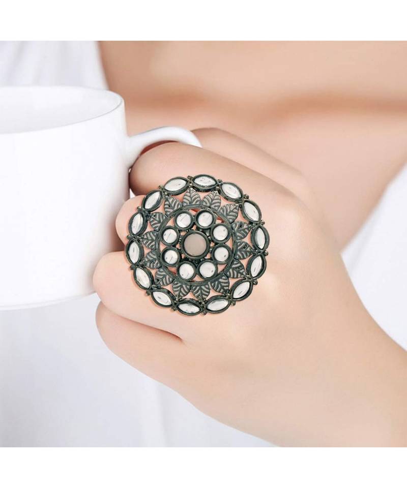 Silver Oxidized Kundan Studded Meena Work Designer Adjustable Finger Ring for Women 