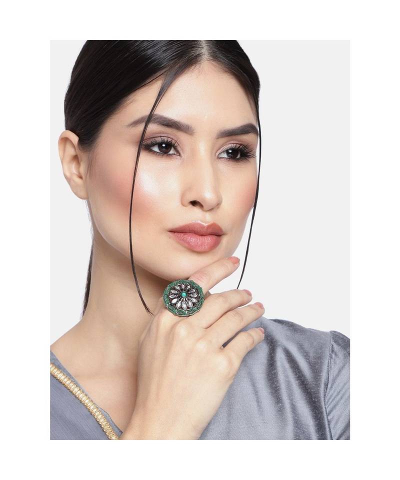 Silver Oxidized Kundan Meenakari Work Designer Adjustable Finger Ring for Women 