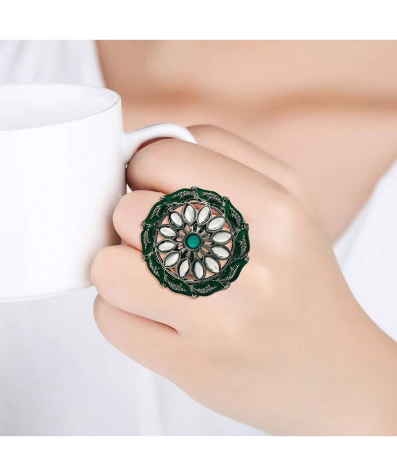 Silver Oxidized Kundan Meenakari Work Designer Adjustable Finger Ring for Women 