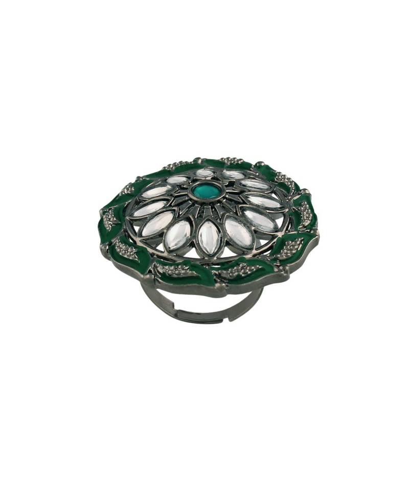 Silver Oxidized Kundan Meenakari Work Designer Adjustable Finger Ring for Women 