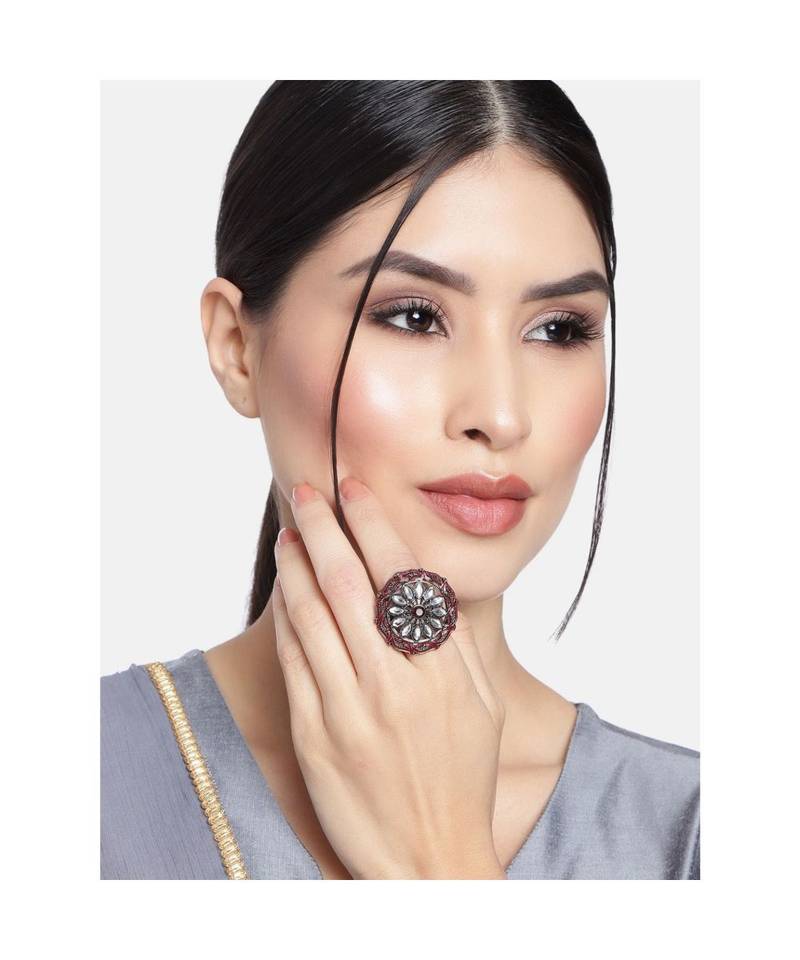 Silver Oxidized Kundan Meenakari Work Designer Adjustable Finger Ring for Women 