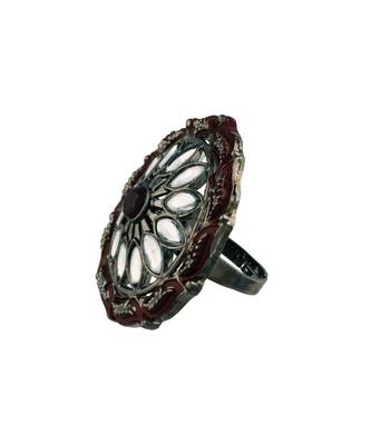 Silver Oxidized Kundan Meenakari Work Designer Adjustable Finger Ring for Women  3