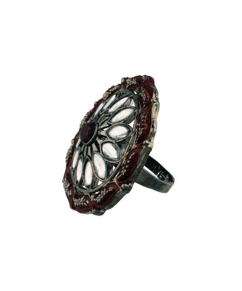 Silver Oxidized Kundan Meenakari Work Designer Adjustable Finger Ring for Women 