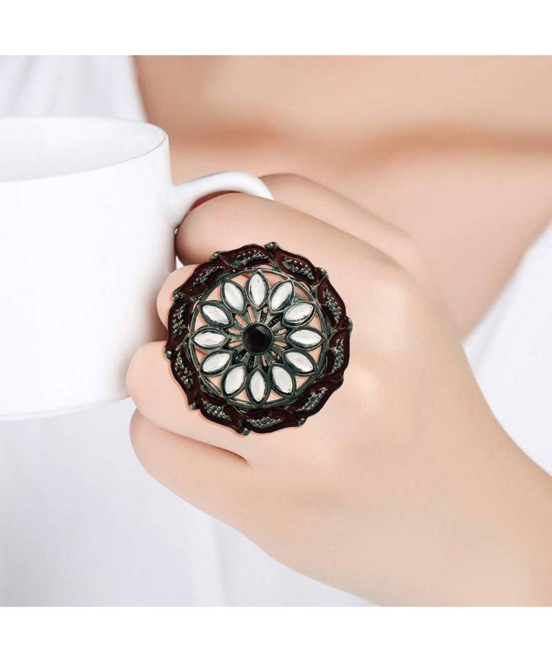 Silver Oxidized Kundan Meenakari Work Designer Adjustable Finger Ring for Women 
