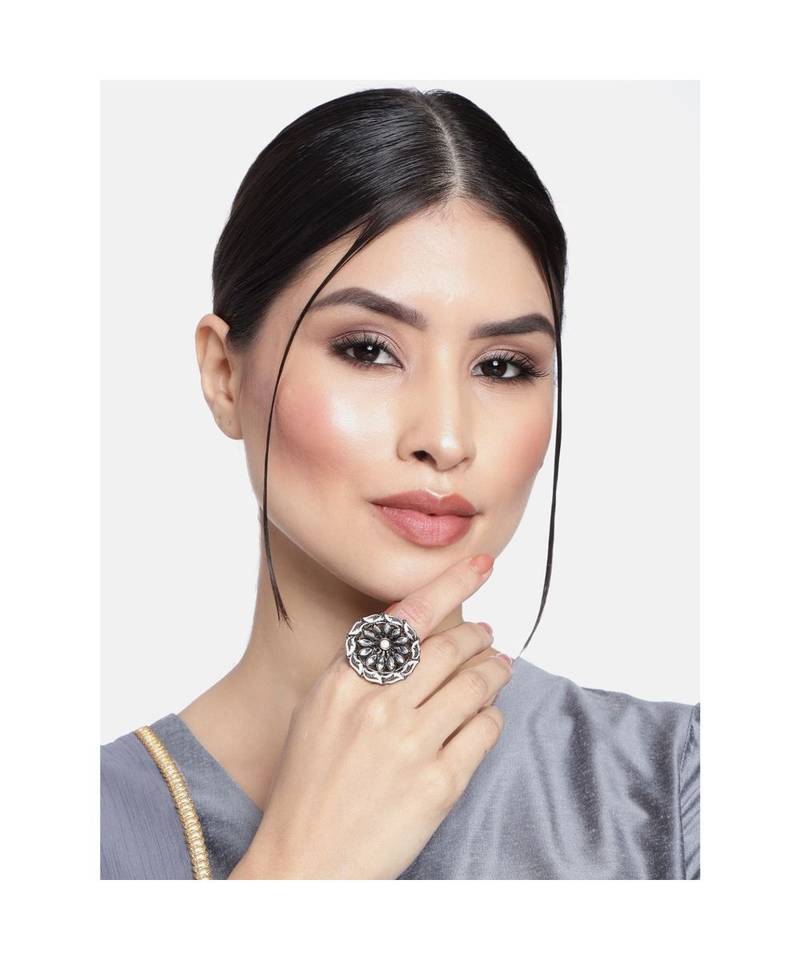 Silver Oxidized Kundan Meenakari Work Designer Adjustable Finger Ring for Women 