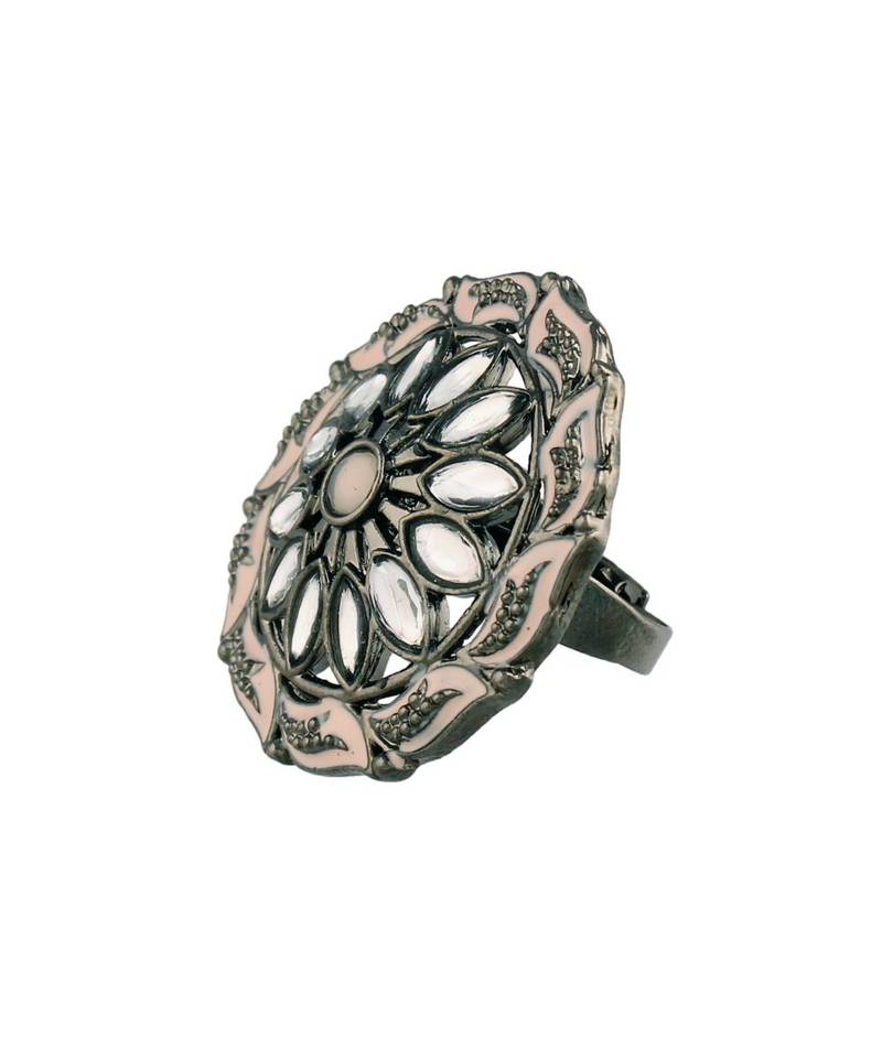 Silver Oxidized Kundan Meenakari Work Designer Adjustable Finger Ring for Women 