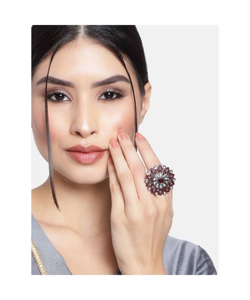Silver Oxidized Kundan Meenakari Work Designer Adjustable Finger Ring for Women (FL198M)