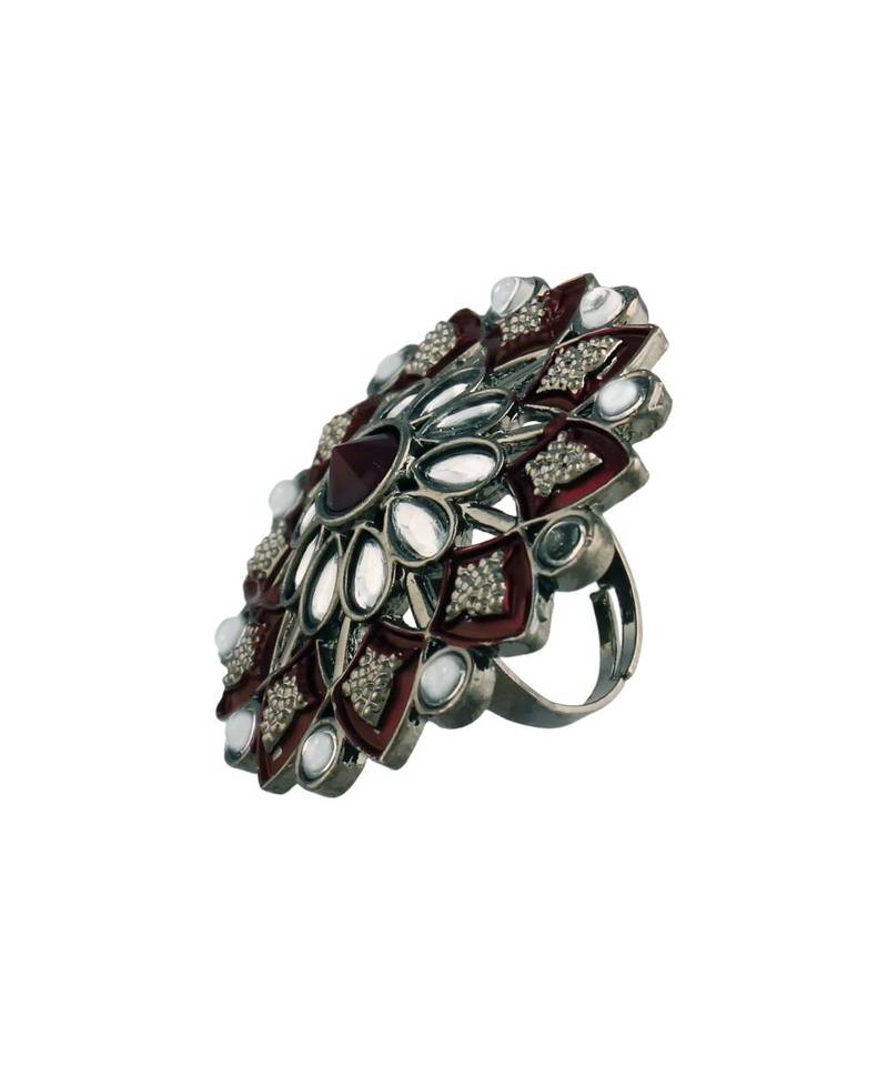 Silver Oxidized Kundan Meenakari Work Designer Adjustable Finger Ring for Women (FL198M)