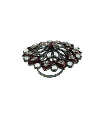 Silver Oxidized Kundan Meenakari Work Designer Adjustable Finger Ring for Women (FL198M) 5