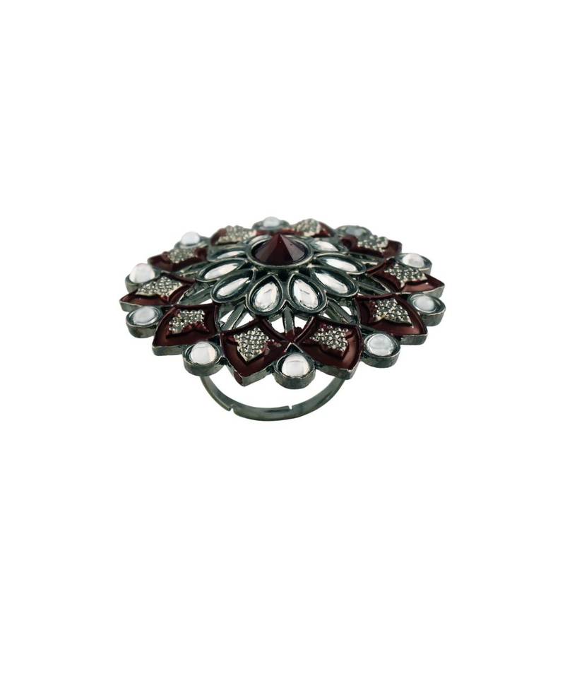 Silver Oxidized Kundan Meenakari Work Designer Adjustable Finger Ring for Women (FL198M)