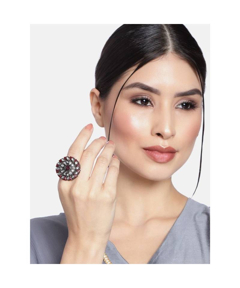 Silver Oxidized Kundan Meenakari Work Designer Adjustable Finger Ring for Women (FL199M)