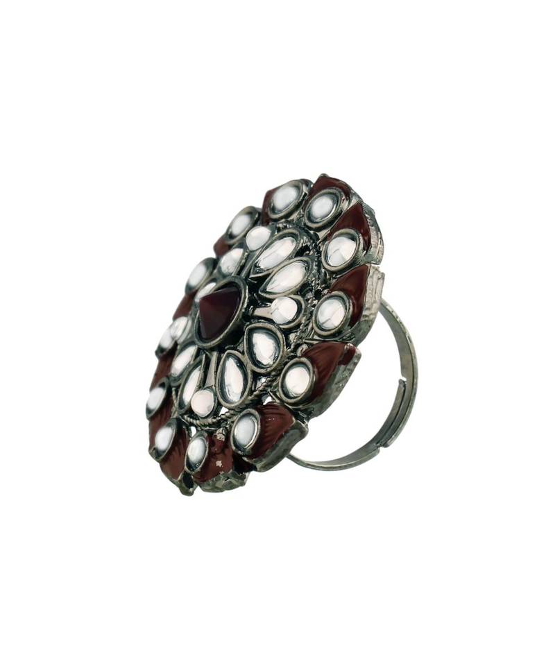 Silver Oxidized Kundan Meenakari Work Designer Adjustable Finger Ring for Women (FL199M)