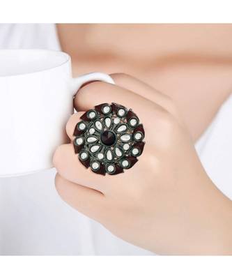 Silver Oxidized Kundan Meenakari Work Designer Adjustable Finger Ring for Women (FL199M) 4