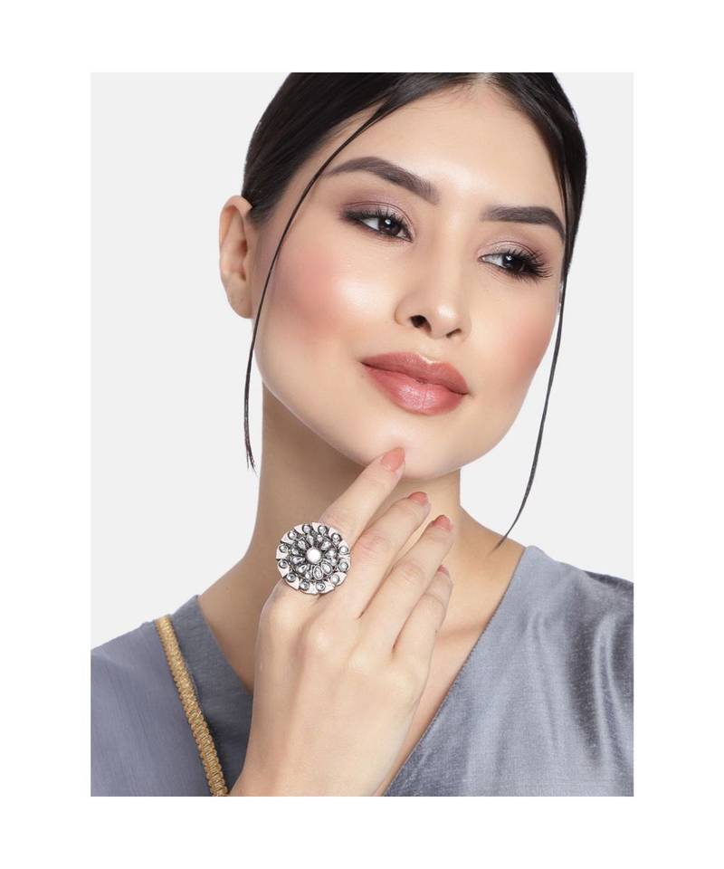 Silver Oxidized Kundan Meenakari Work Designer Adjustable Finger Ring for Women 