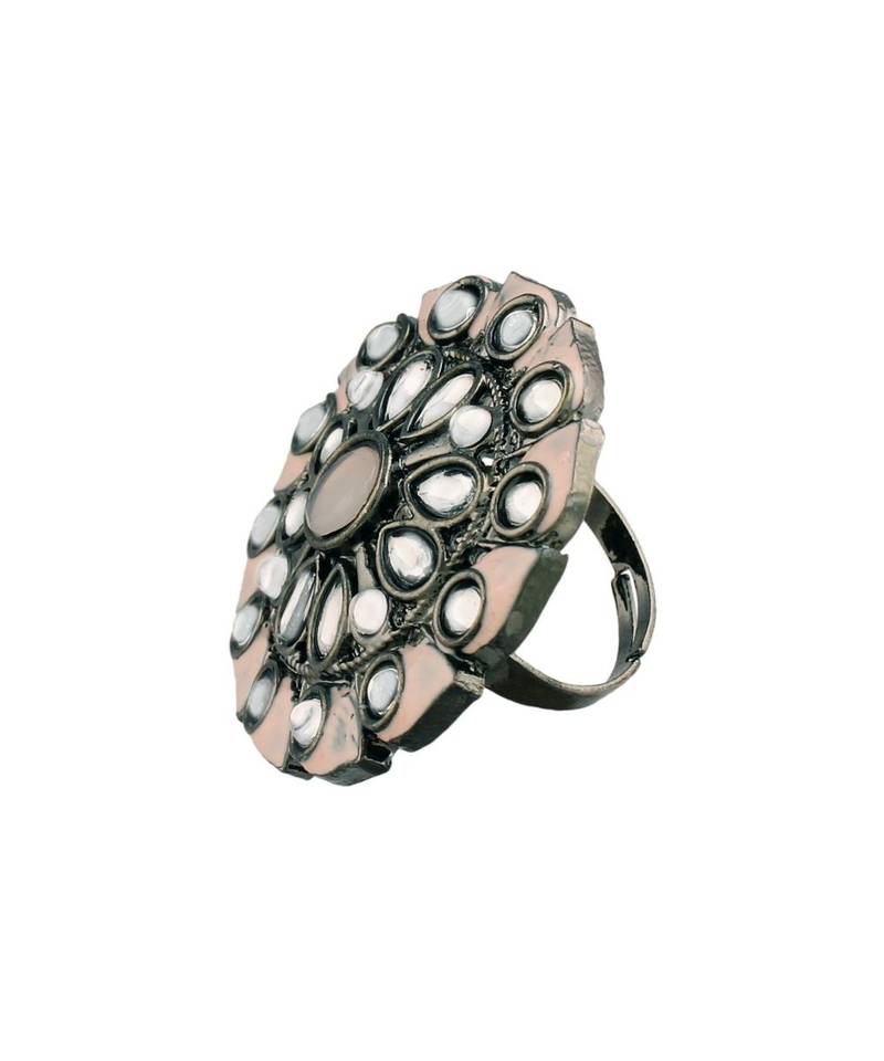 Silver Oxidized Kundan Meenakari Work Designer Adjustable Finger Ring for Women 