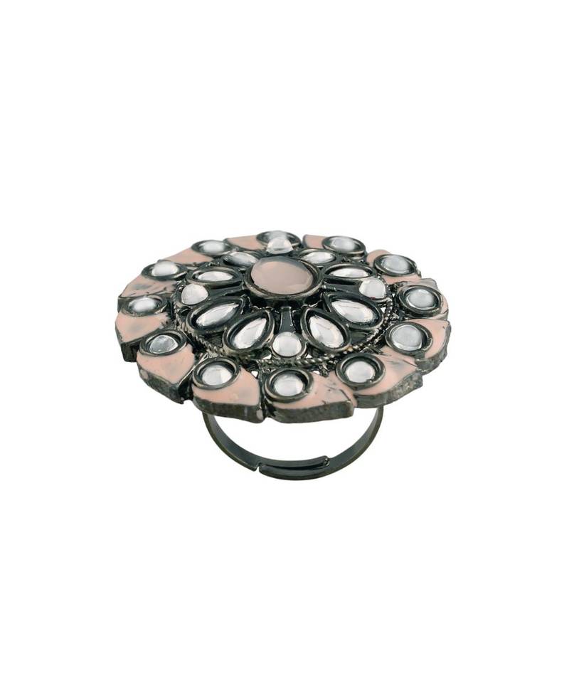 Silver Oxidized Kundan Meenakari Work Designer Adjustable Finger Ring for Women 