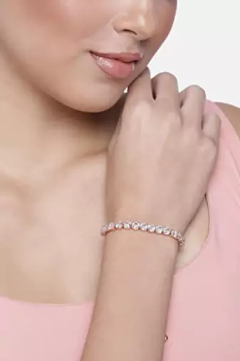 Rose Gold Plated Cubic Zirconia Adjustable Bracelet Jewellery with Pull-Chain for Women & Girls 