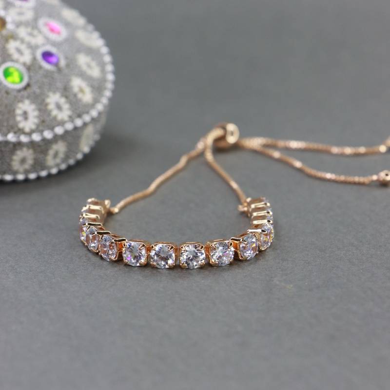 Rose Gold Plated Cubic Zirconia Adjustable Bracelet Jewellery with Pull-Chain for Women & Girls 