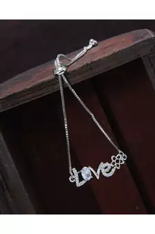 Rhodium Plated Cubic Zirconia Adjustable Bracelet Jewellery with Pull-Chain for Women & Girls (ADB165S)
