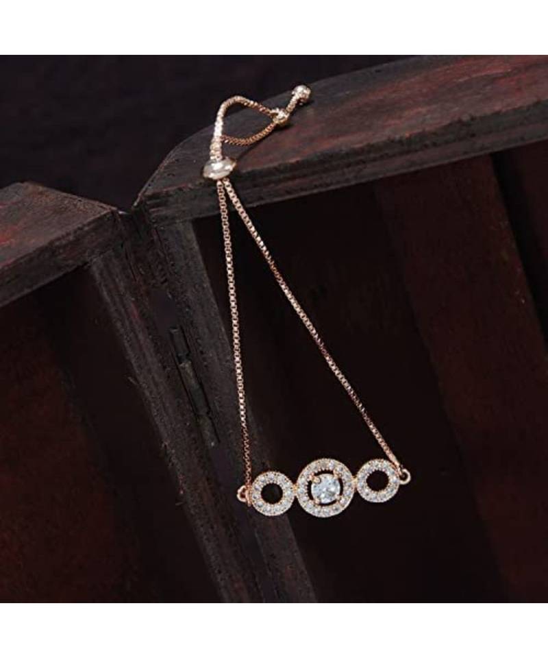 Rose Gold Plated Cubic Zirconia Adjustable Bracelet Jewellery with Pull-Chain for Women & Girls (ADB166RG)