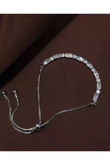 Rhodium Plated Cubic Zirconia Adjustable Bracelet Jewellery with Pull-Chain for Women & Girls (ADB168S)