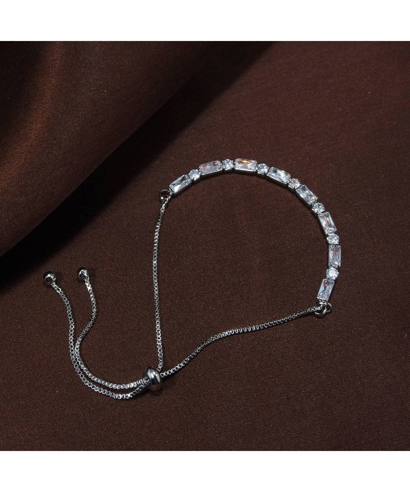 Rhodium Plated Cubic Zirconia Adjustable Bracelet Jewellery with Pull-Chain for Women & Girls (ADB168S)