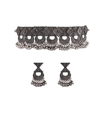 Oxidised German Silver Plated Afghani Choker Necklace Jewellery Set for Women  2