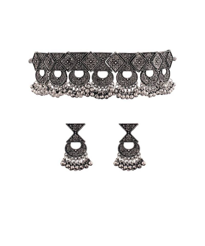 Oxidised German Silver Plated Afghani Choker Necklace Jewellery Set for Women 