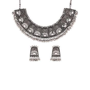 Oxidised German Silver Plated Afghani Choker Necklace Jewellery Set for Women (MC066) 2
