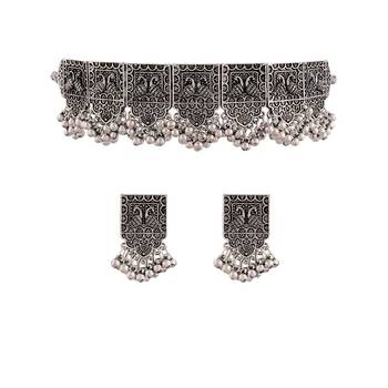Oxidized German Silver Plated Afghani Choker Necklace Jewellery Set for Women (MC067) 2