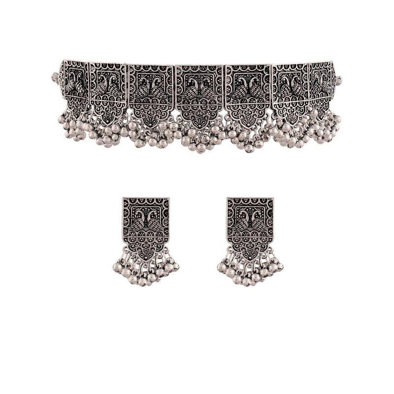 Oxidized German Silver Plated Afghani Choker Necklace Jewellery Set for Women (MC067)