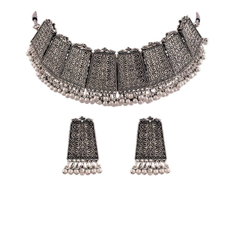 Oxidised German Silver Plated Afghani Choker Necklace Jewellery Set for Women 