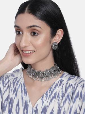 Oxidised German Silver Plated Afghani Choker Necklace Jewellery Set for Women (MC069) 1