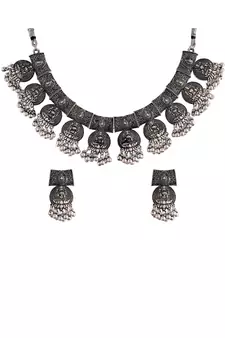 Oxidised German Silver Plated Afghani Choker Necklace Jewellery Set for Women (MC070)