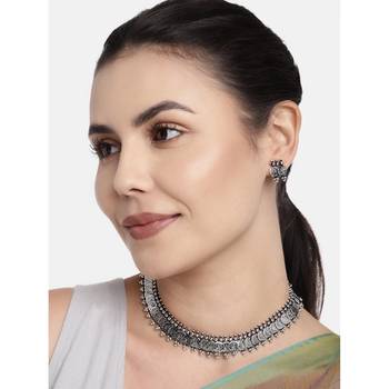 Silver Oxidised Traditional South Indian Style Coin Necklace With Earrings For Women & Girls (MC061OX) 2