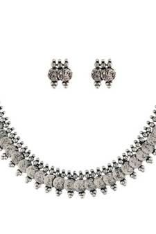 Silver Oxidised Traditional South Indian Style Coin Necklace With Earrings For Women & Girls (MC061OX)