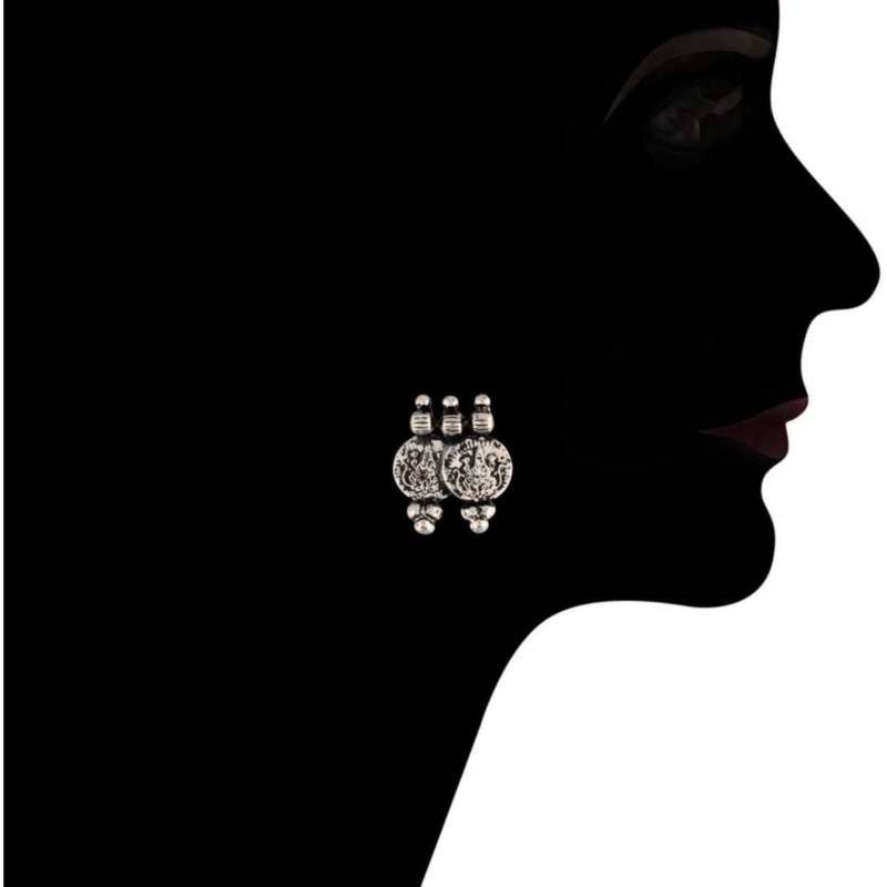 Silver Oxidised Traditional South Indian Style Coin Necklace With Earrings For Women & Girls (MC061OX)