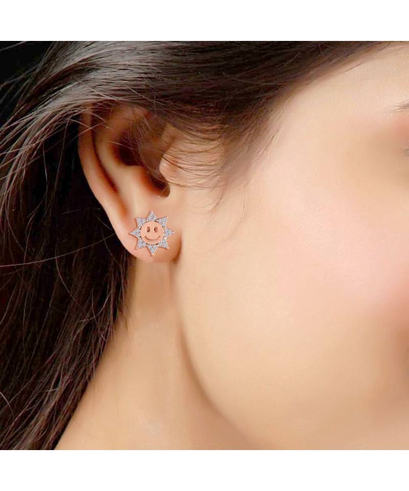 Rose Gold Plated Glittering AD Stone Smiley Face Stud Earrings for Women & Girls 