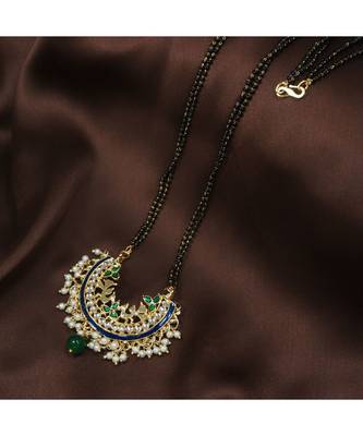 Traditional Meena Work Pearl Studded Pendant with Black Bead Chain Mangalsutra for Women  1