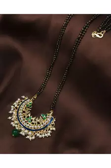 Traditional Meena Work Pearl Studded Pendant with Black Bead Chain Mangalsutra for Women (D082)