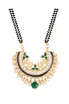 Traditional Meena Work Pearl Studded Pendant with Black Bead Chain Mangalsutra for Women 