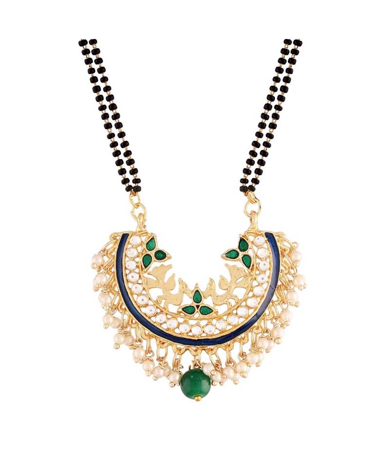 Traditional Meena Work Pearl Studded Pendant with Black Bead Chain Mangalsutra for Women 