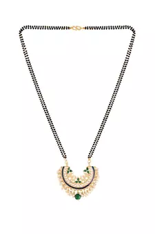 Traditional Meena Work Pearl Studded Pendant with Black Bead Chain Mangalsutra for Women 