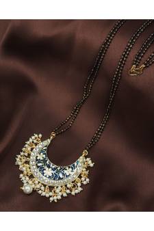 Traditional Meena Work Pearl Studded Pendant with Black Bead Chain Mangalsutra for Women (D083)