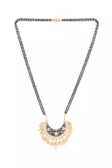 Traditional Meena Work Pearl Studded Pendant with Black Bead Chain Mangalsutra for Women 