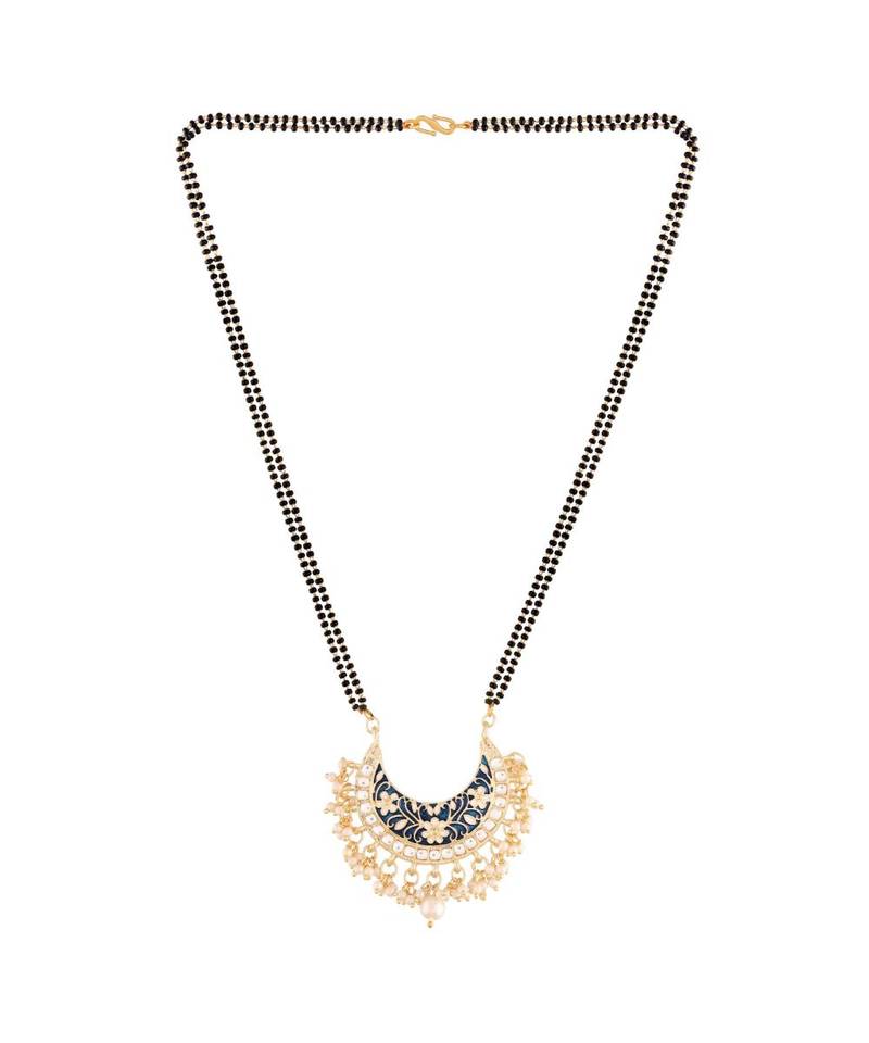 Traditional Meena Work Pearl Studded Pendant with Black Bead Chain Mangalsutra for Women 