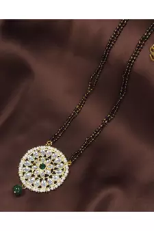 Traditional Pearl Kundan Studded Pendant with Black Bead Chain Mangalsutra for Women (D085G)